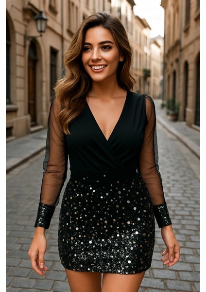 Kadın Uzun Kollu V Yakalı Üst Krep Alt Payet Kısa Elbise