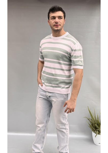 Çizgi Detay Delikli Triko T-Shirt