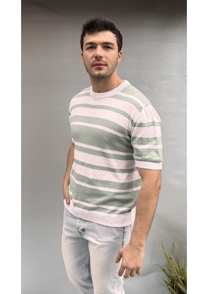 Çizgi Detay Delikli Triko T-Shirt