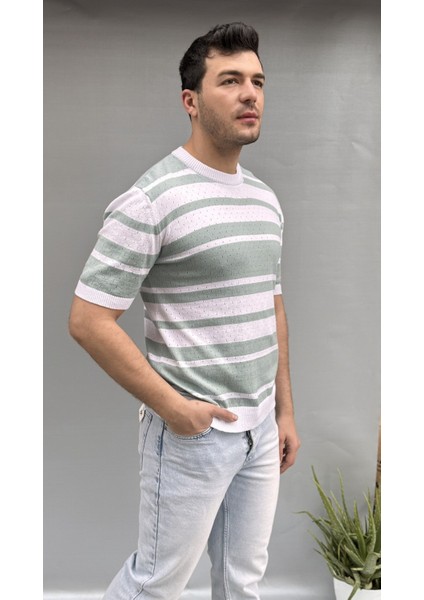 Çizgi Detay Delikli Triko T-Shirt