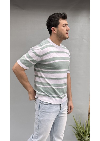 Çizgi Detay Delikli Triko T-Shirt
