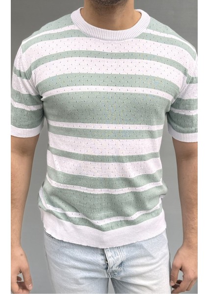 Çizgi Detay Delikli Triko T-Shirt