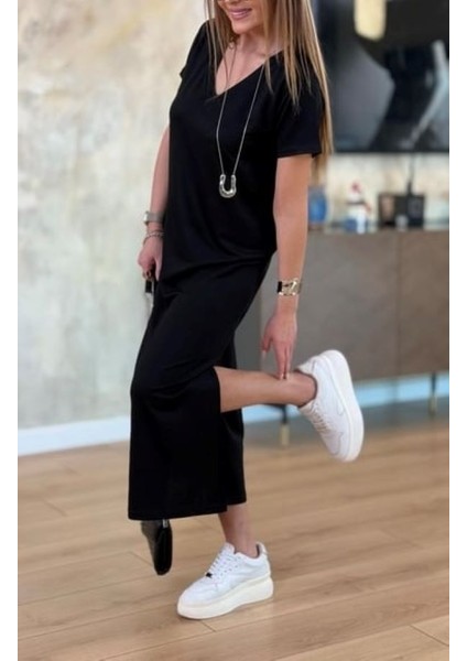 V Yaka Yırtmaçlı Basic Elbise
