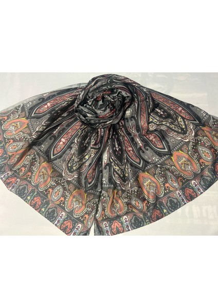 Kadın Pamuklu Turuncu Siyah Gri Retro Etnik Şal