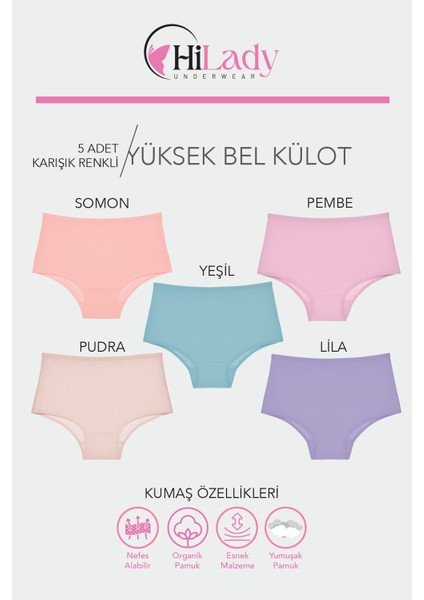 Kadın Yüksek Bel Külot 5'li Paket Soft Renkler, Likralı Esnek Pamuklu ve Nefes Alabilir fiyatları