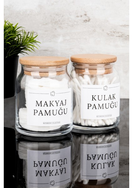 2'li Ahşap Kapaklı Cam Pamuk Seti Kulak Pamuğu ve Makyaj Pamuğu Organize Seti Banyo Seti