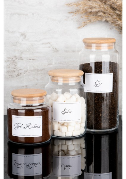 3'lü Ahşap Vakum Kapaklı Çay Şeker Türk Kahvesi Etiketli 3 Boy Cam Kavanoz Seti 1300 ml-800 ml-500 ml