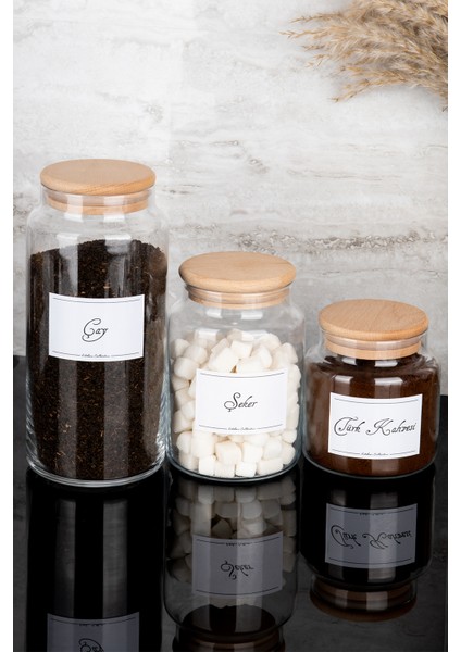 3'lü Ahşap Vakum Kapaklı Çay Şeker Türk Kahvesi Etiketli 3 Boy Cam Kavanoz Seti 1300 ml-800 ml-500 ml