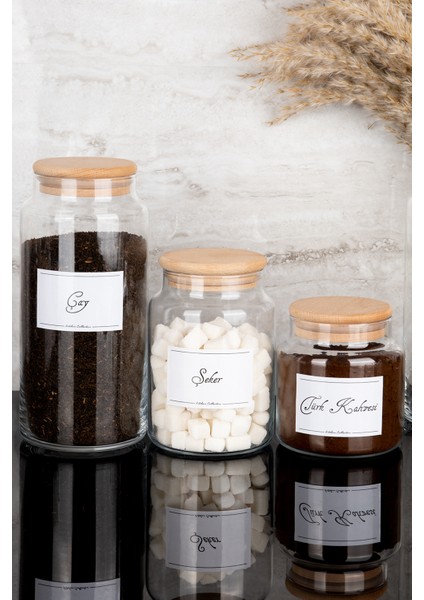 3'lü Ahşap Vakum Kapaklı Çay Şeker Türk Kahvesi Etiketli 3 Boy Cam Kavanoz Seti 1300 ml-800 ml-500 ml