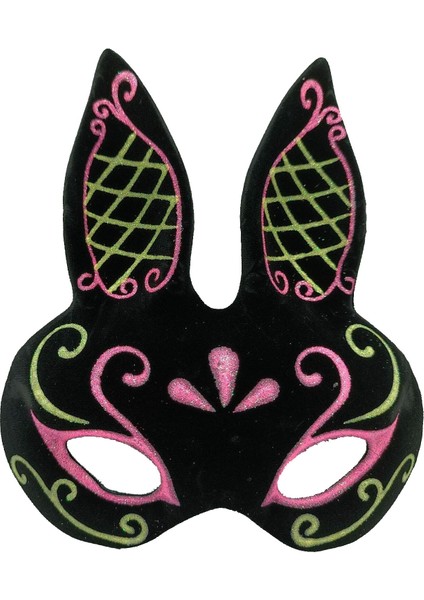 Siyah Renk Pembe Gold Simli Siyah Süet Kaplama Tavşan Maskesi 18 x 16 cm