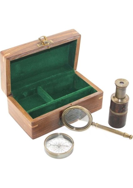 Ahşap Kutu Pirinç Pusula Dürbün Büyüteç Seti