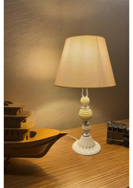 Vintage Bohem Abajur Inci-Kristal Model Kumaş Şapka G95 Rustik Ampul Hediyeli 45CM Retro Abajur