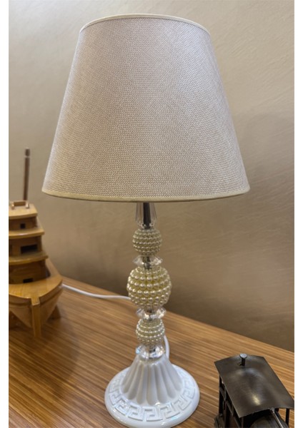 Vintage Bohem Abajur Inci-Kristal Model Kumaş Şapka G95 Rustik Ampul Hediyeli 45CM Retro Abajur