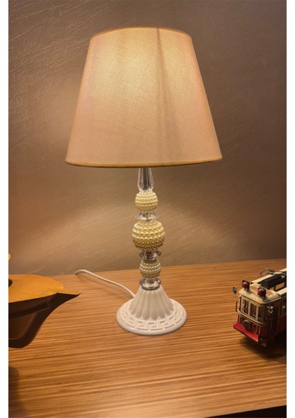 Vintage Bohem Abajur Inci-Kristal Model Kumaş Şapka G95 Rustik Ampul Hediyeli 45CM Retro Abajur