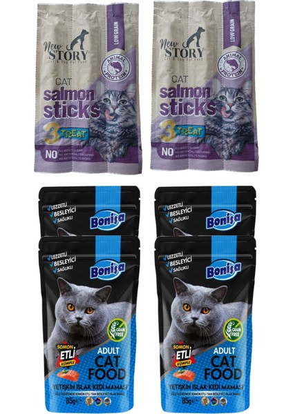 Somonlu 2 adet 3lü Kedi Ödül Çubuğu, Bonisa 4-Cat-Salmon-Punch