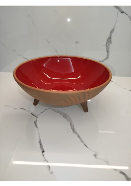 Dekoratif 25 cm Ayaklı Toprak Kazımalı Kırmızı Sırlı Sunumluk Kase