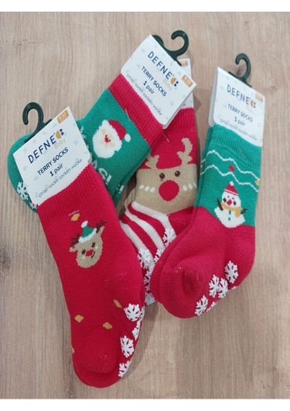 Kıpırık Baby 4 Çift Havlu Pamuklu Kışlık Yılbaşı Desenli Unisex Çocuk ve Bebek Soket Çorap