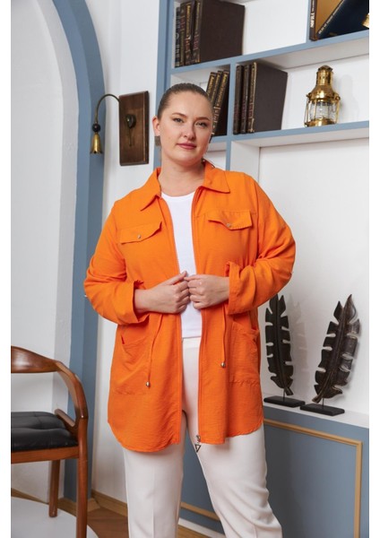 Bel Bağcık Detaylı Fermuarlı Büyük Beden Turuncu Ceket