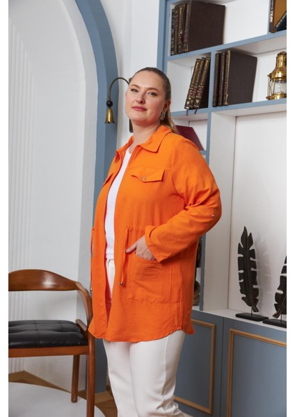 Bel Bağcık Detaylı Fermuarlı Büyük Beden Turuncu Ceket fiyatları