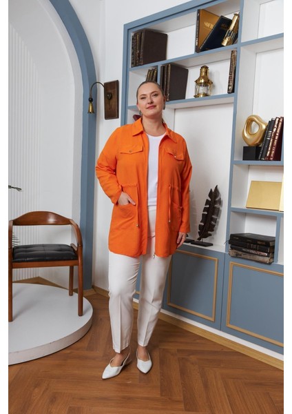 Bel Bağcık Detaylı Fermuarlı Büyük Beden Turuncu Ceket indirimleri