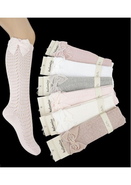 1 Adet Kız Çocuk Açık Kahve Diz Altı Kadife Kurdeleli Çorap