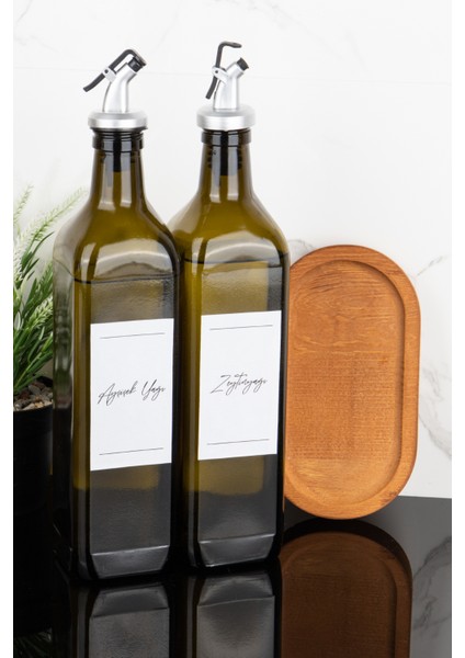 2li 750 ml Amber Cam Yağdanlık Ahşap Standlı Zeytinyağı ve Ayçiçek Yağı Etiketli Gri Tıpalı Yağlık
