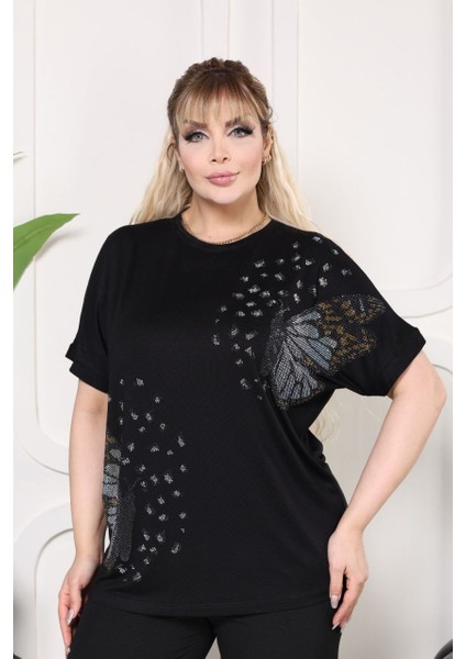 Büyük Beden Kelebek Taş Detaylı Likralı Yarasa Kol Bluz JB201565489