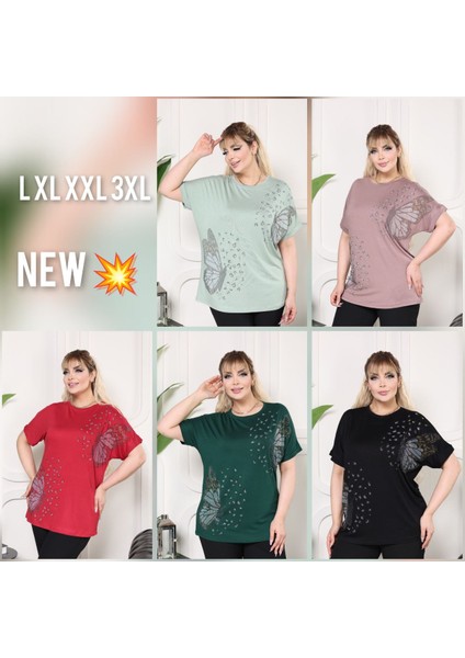 Büyük Beden Kelebek Taş Detaylı Likralı Yarasa Kol Bluz JB201565489 indirimleri