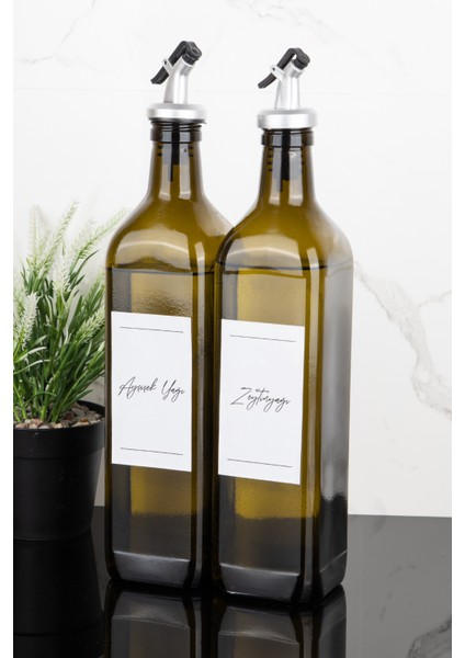 2li 750 ml Amber Cam Yağdanlık Zeytinyağı ve Ayçiçek Yağı Etiketli Gri Renk Tıpalı Yağlık Sosluk