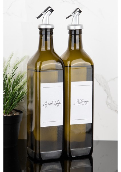 2li 750 ml Amber Cam Yağdanlık Zeytinyağı ve Ayçiçek Yağı Etiketli Gri Renk Tıpalı Yağlık Sosluk