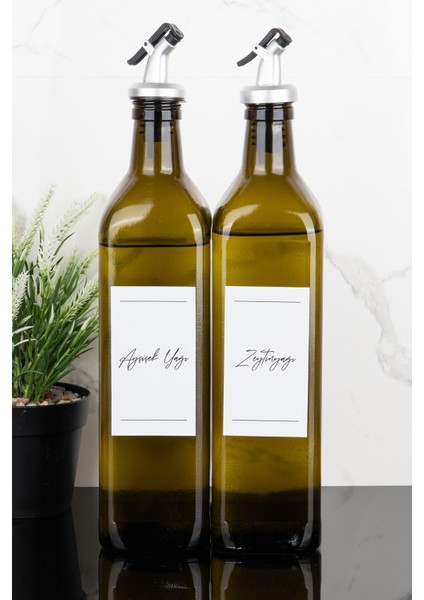 2li 750 ml Amber Cam Yağdanlık Zeytinyağı ve Ayçiçek Yağı Etiketli Gri Renk Tıpalı Yağlık Sosluk