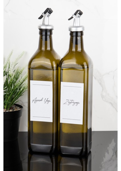 2li 750 ml Amber Cam Yağdanlık Zeytinyağı ve Ayçiçek Yağı Etiketli Gri Renk Tıpalı Yağlık Sosluk