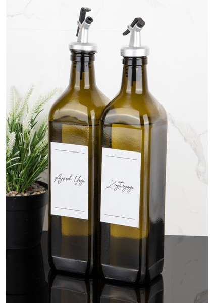 2li 750 ml Amber Cam Yağdanlık Zeytinyağı ve Ayçiçek Yağı Etiketli Gri Renk Tıpalı Yağlık Sosluk