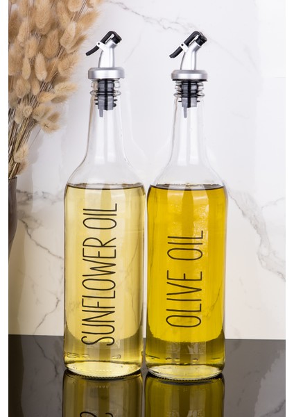 2li 750 ml Ayçiçek Yağı ve Zeytinyağı Etiketli Yağlık Sıvı Yağ Şişesi Gri Tıpalı Cam Yağdanlık