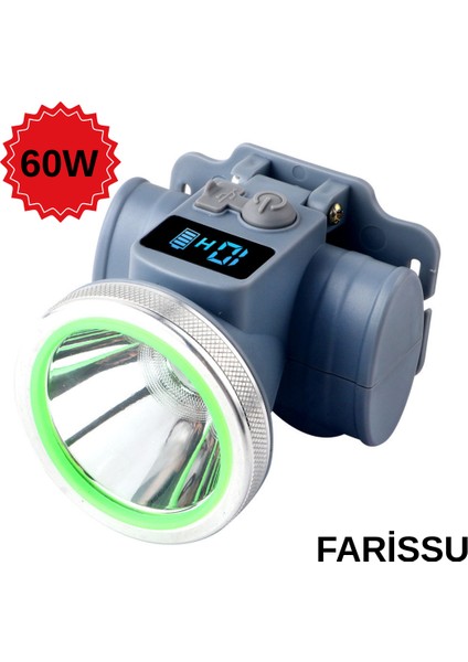 Ultra Güçlü 60W Dijital Göstergeli Kafa Feneri – Şarjlı, Su Geçirmez, 3 Modlu