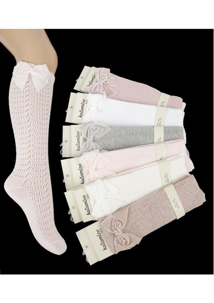 1 Adet Kız Çocuk Gri Diz Altı Kadife Kurdeleli Çorap