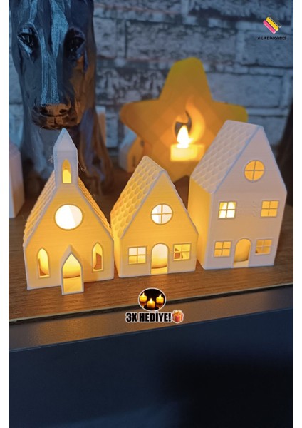 Kış Evleri 3'lü Set Dekoratif Noel Evler Tealight LED Mum Hediyeli - Dekor 8 cm Işıklı Şamdan Ev Ofi