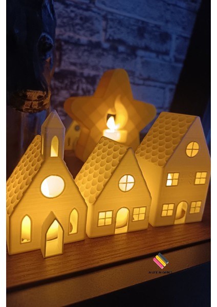 Kış Evleri 3'lü Set Dekoratif Noel Evler Tealight LED Mum Hediyeli - Dekor 8 cm Işıklı Şamdan Ev Ofi fiyatları