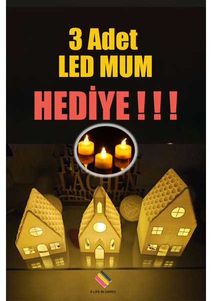 Kış Evleri 3'lü Set Dekoratif Noel Evler Tealight LED Mum Hediyeli - Dekor 8 cm Işıklı Şamdan Ev Ofi modelleri