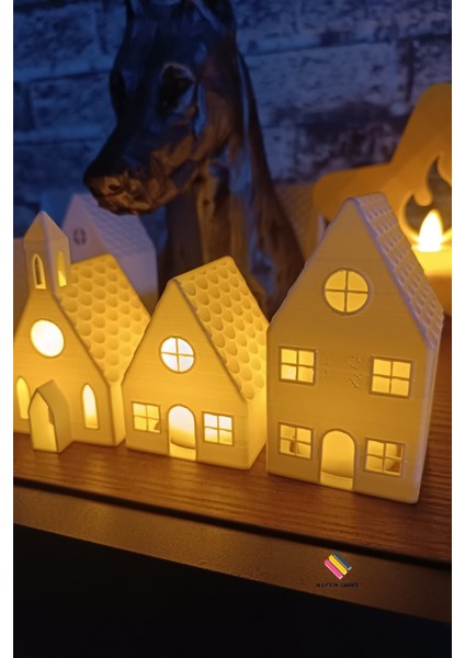 Kış Evleri 3'lü Set Dekoratif Noel Evler Tealight LED Mum Hediyeli - Dekor 8 cm Işıklı Şamdan Ev Ofi fırsatları
