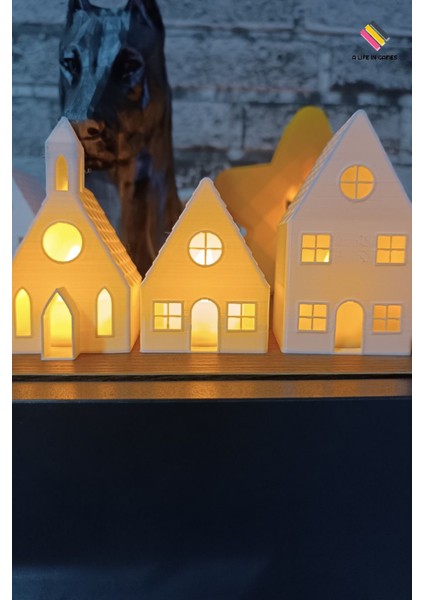 Kış Evleri 3'lü Set Dekoratif Noel Evler Tealight LED Mum Hediyeli - Dekor 8 cm Işıklı Şamdan Ev Ofi indirimleri