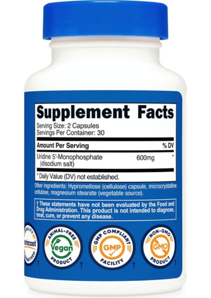 Uridine Monophosphate 60 Capsules, 600 Mg Per Serving - Vegan, 30 Servings.abd Menşei