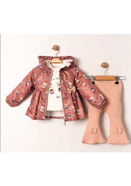Kız Bebek Ayı Desenli Gül Kurusu Yağmurluklu Takım - Fiyonklu & Sevimli Desenli