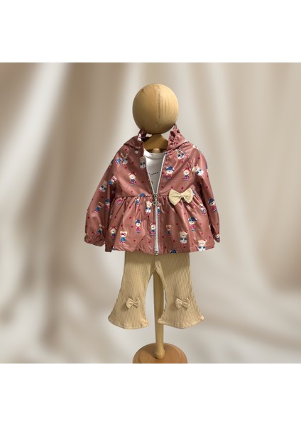 Kız Bebek Ayı Desenli Gül Kurusu Yağmurluklu Takım - Fiyonklu & Sevimli Desenli fiyatları