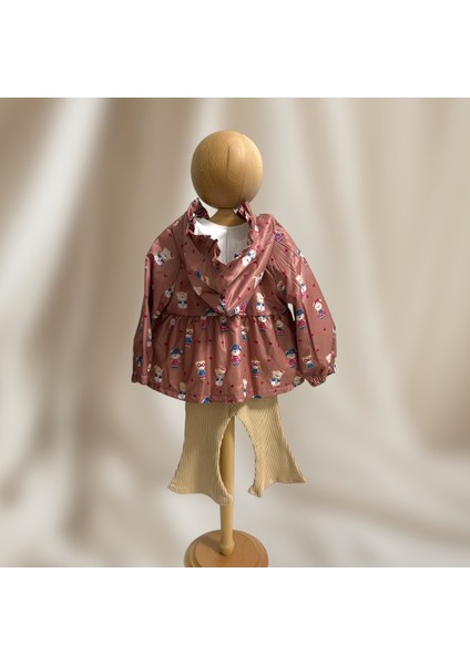 Kız Bebek Ayı Desenli Gül Kurusu Yağmurluklu Takım - Fiyonklu & Sevimli Desenli modelleri