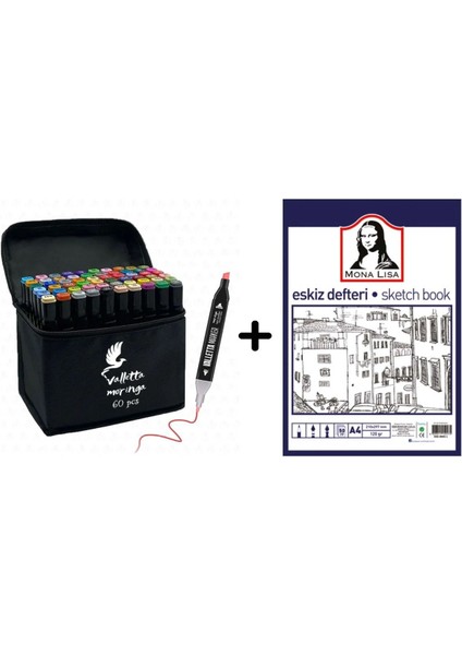 60'lı Çift Taraflı Art Marker Keçeli Kalem Seti Çantalı + Mona Lisa Eskiz Defteri 50 Yaprak 120GR.