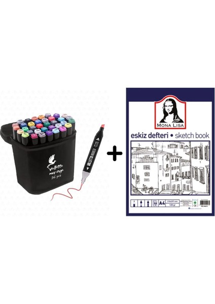 36'lı Çift Taraflı Art Marker Keçeli Kalem Seti Çantalı + Mona Lisa Eskiz Defteri 50 Yaprak 120GR.