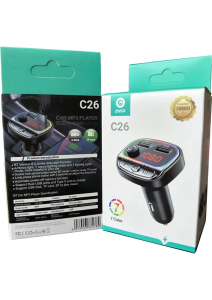 Rgb Renkli Araba Fm Mp3 Çalar Kablosuz Bluetooth 5.0 C26