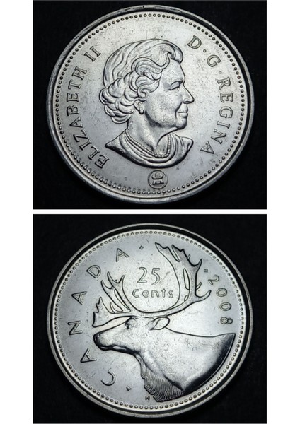 3996367FB95D54EBA6 2008 Kanada 25CENT Çil Eski Madeni Para