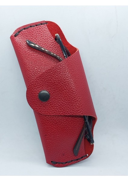 Deri Koyu Kırmızı El Yapımı Siyah Kenar Dikişli Gözlük Kılıfı